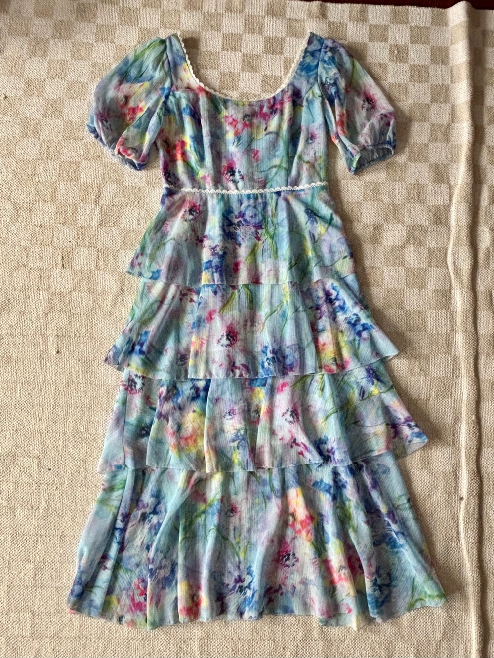Marchesa Light Blue Multicolor Floral Tiered Dress